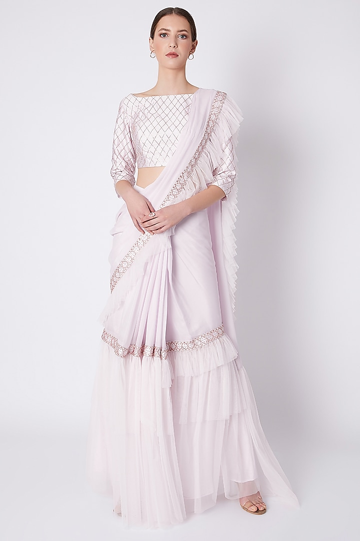 Lilac Net Sequins Embroidered Ruffled Pre-Stitched Saree Set by MASUMI MEWAWALLA