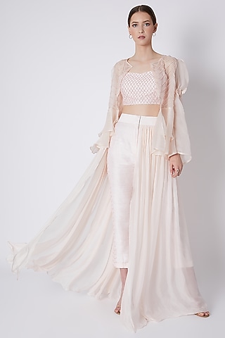 Creme Embroidered Jacket Set by MASUMI MEWAWALLA