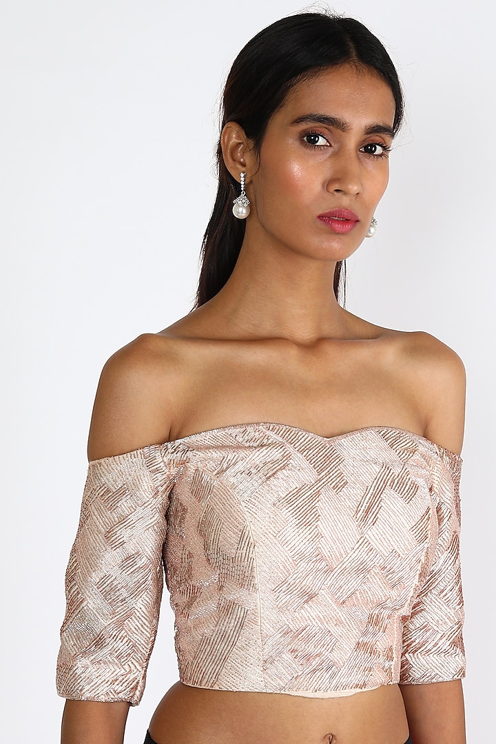Pink Embroidered Off Shoulder Blouse by MASUMI MEWAWALLA