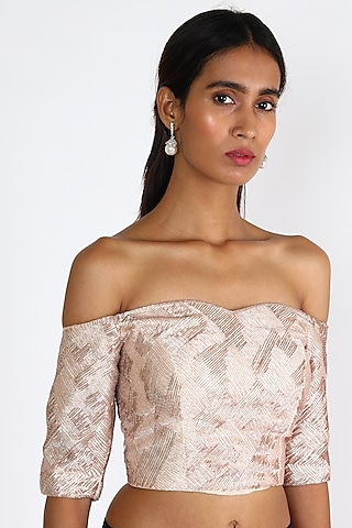 Pink Embroidered Off Shoulder Blouse by MASUMI MEWAWALLA
