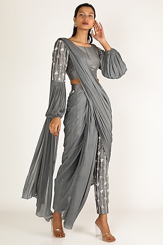 Grey Dupion & Shantoon Pant Saree Set by MASUMI MEWAWALLA