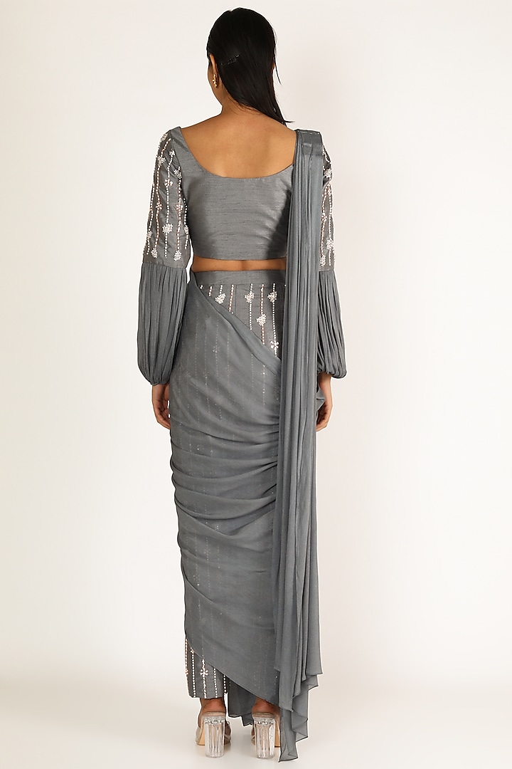 Grey Dupion & Shantoon Pant Wedding Saree Set by MASUMI MEWAWALLA at Pernia's Pop Up Shop