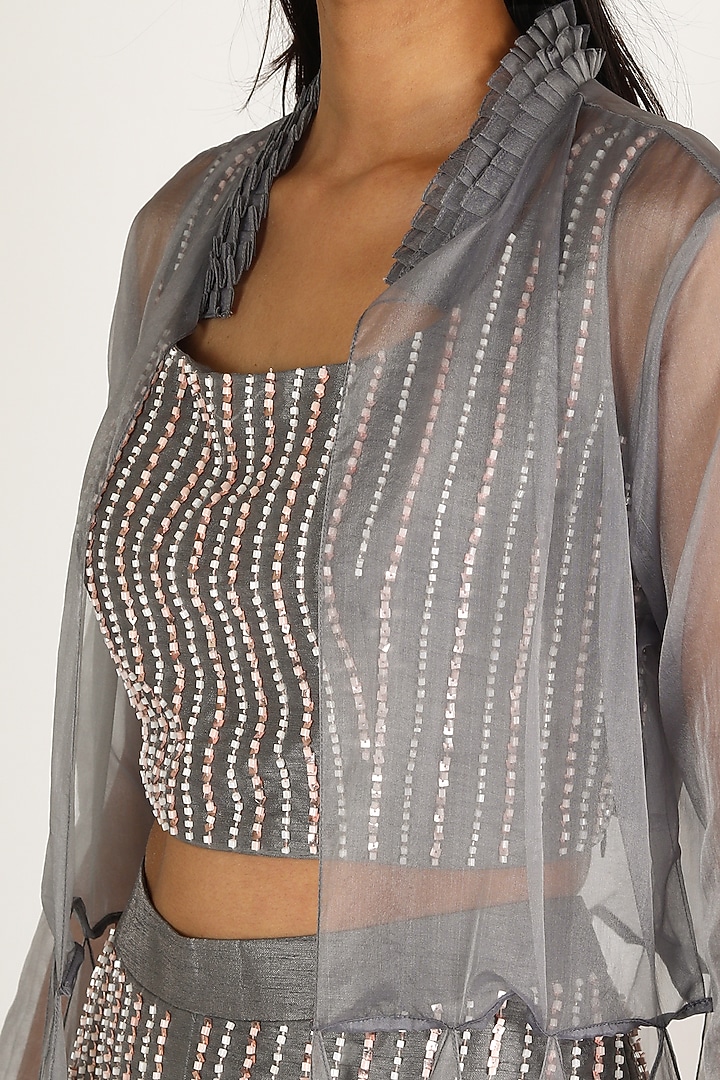 Grey Embroidered Jacket Set by MASUMI MEWAWALLA at Pernia's Pop Up Shop
