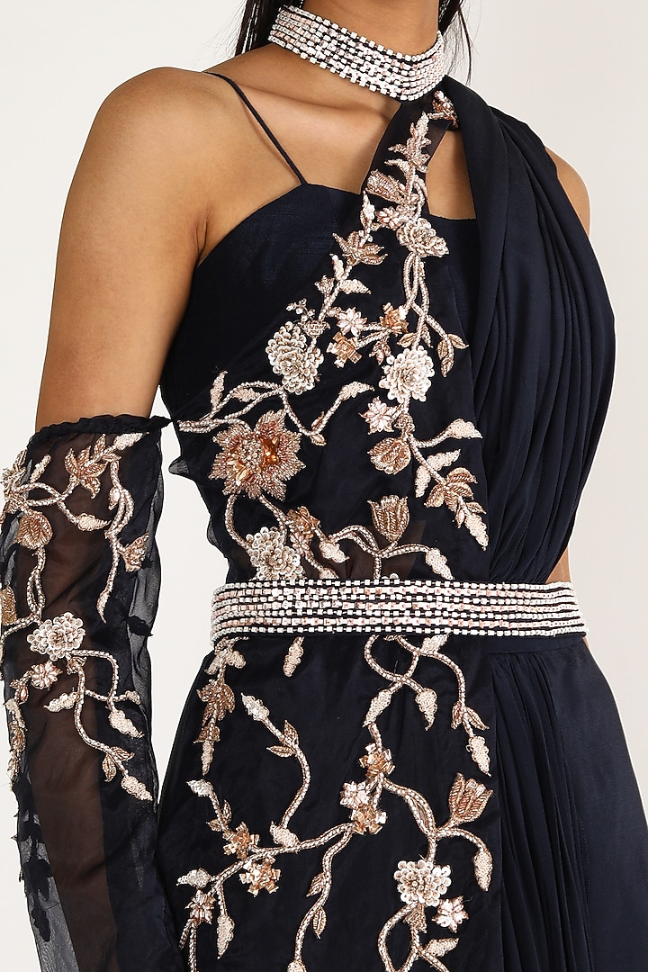 Midnight Blue Embroidered Wedding Saree Set by MASUMI MEWAWALLA at Pernia's Pop Up Shop
