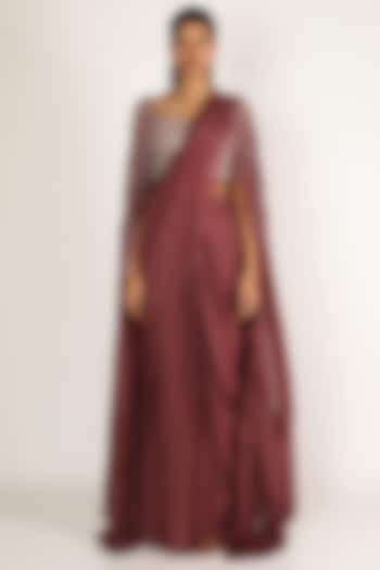 Brown Embroidered Saree Set by Pink Peacock Couture