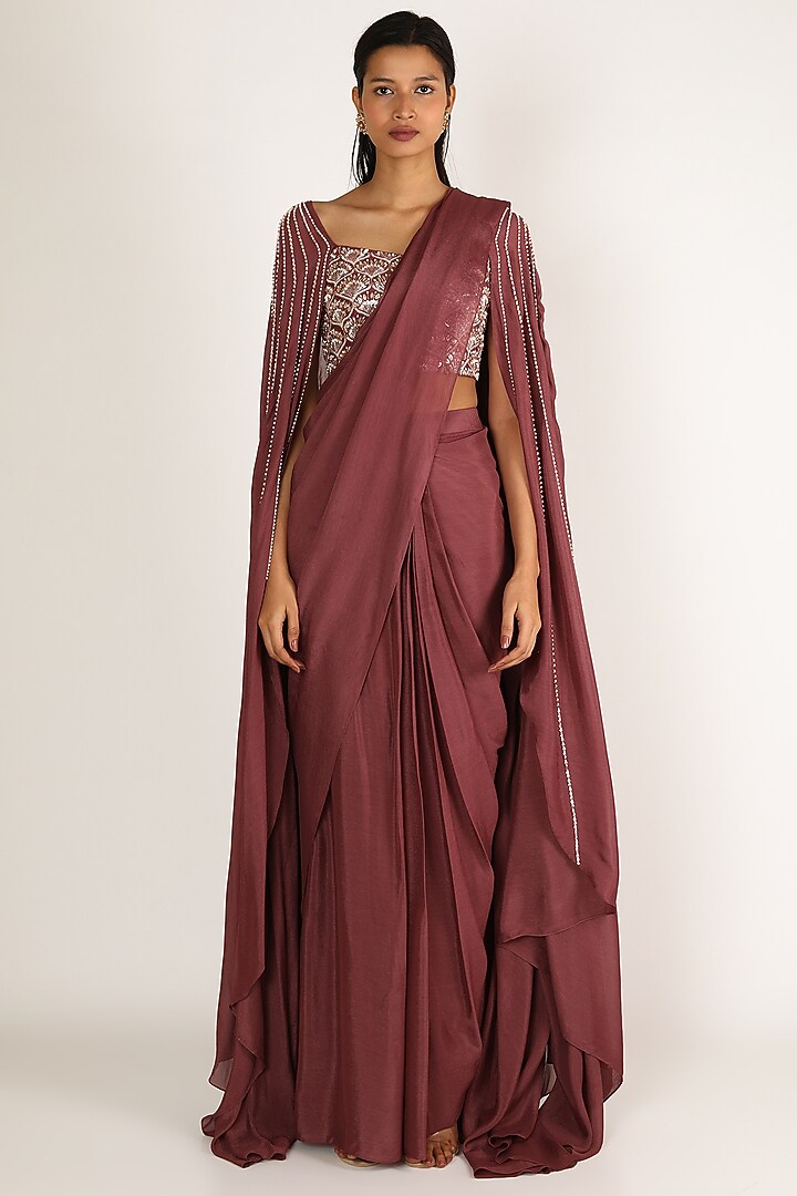 Brown Dupion & Crepe Embroidered Wedding Saree Set by MASUMI MEWAWALLA at Pernia's Pop Up Shop