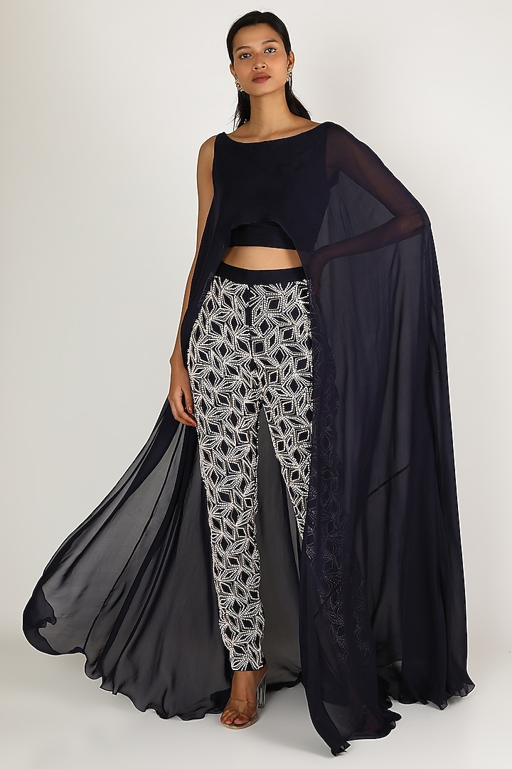 Navy Blue Draped Pant Set by MASUMI MEWAWALLA at Pernia's Pop Up Shop
