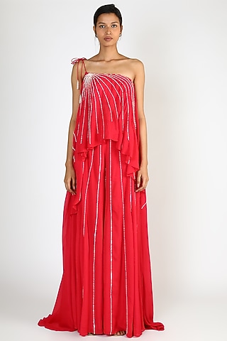 Red Embroidered Palazzo Pant Set by MASUMI MEWAWALLA