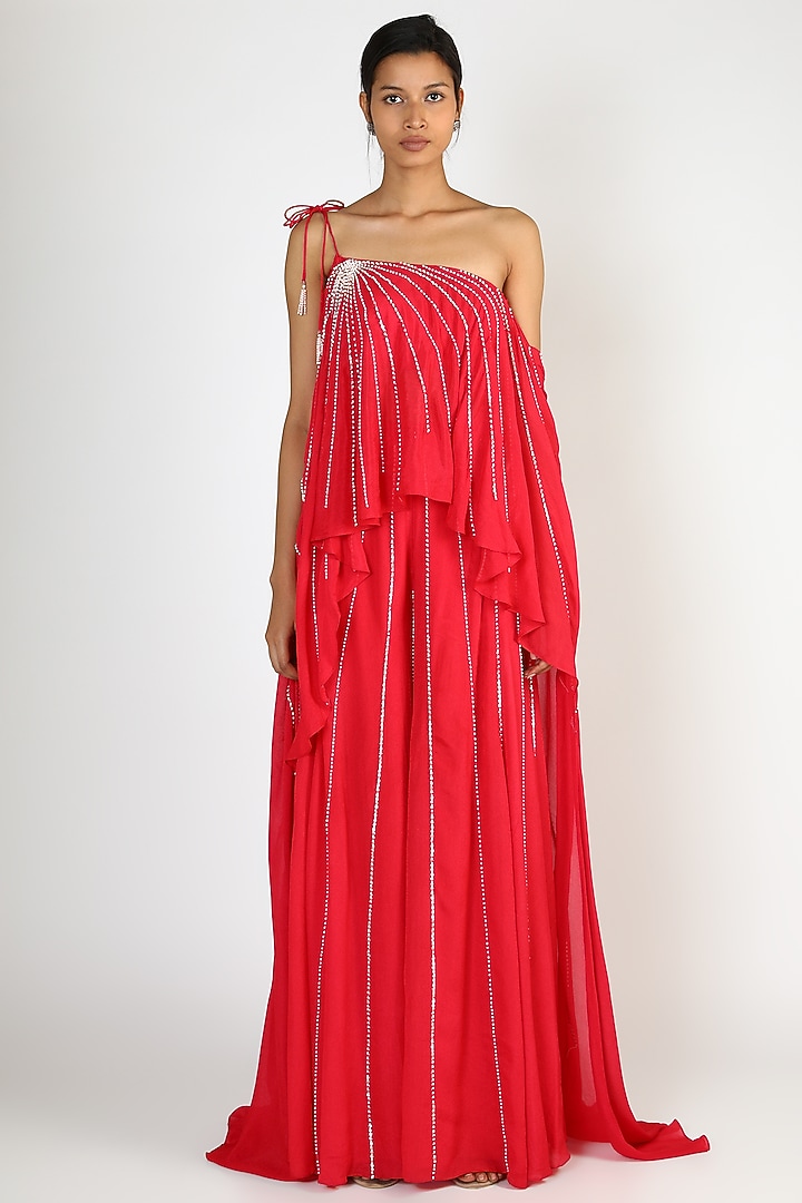 Red Embroidered Palazzo Pant Set by MASUMI MEWAWALLA at Pernia's Pop Up Shop