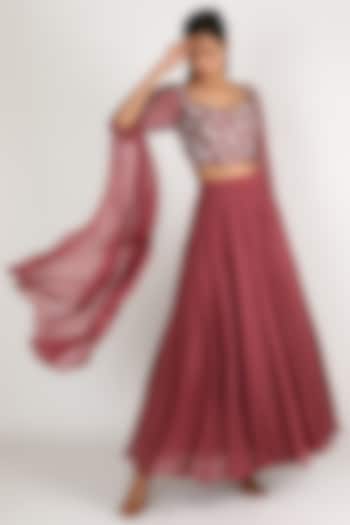 Brown Embroidered Draped Skirt Set by MASUMI MEWAWALLA