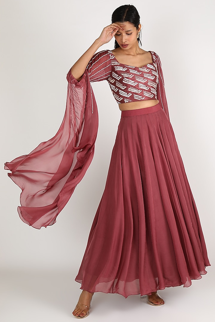 Brown Embroidered Draped Skirt Set by MASUMI MEWAWALLA