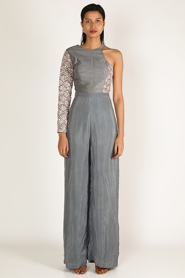 Grey Embroidered Jumpsuit by MASUMI MEWAWALLA at Pernia's Pop Up Shop