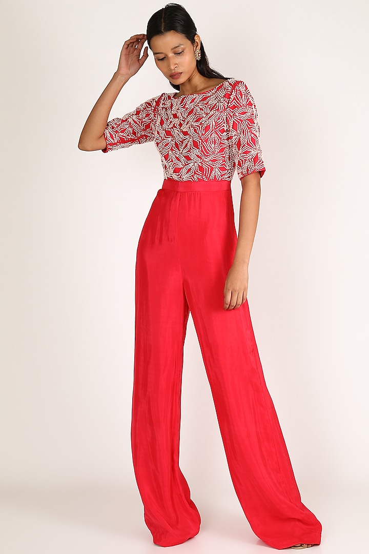 Red Embroidered Jumpsuit by MASUMI MEWAWALLA