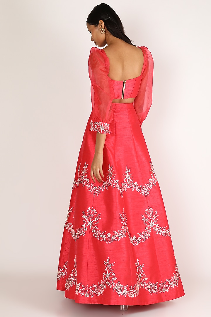 Red Embroidered Dupion Skirt Set by MASUMI MEWAWALLA at Pernia's Pop Up Shop