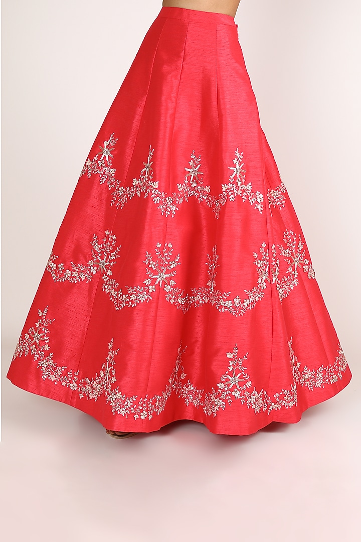 Red Embroidered Dupion Skirt Set by MASUMI MEWAWALLA at Pernia's Pop Up Shop