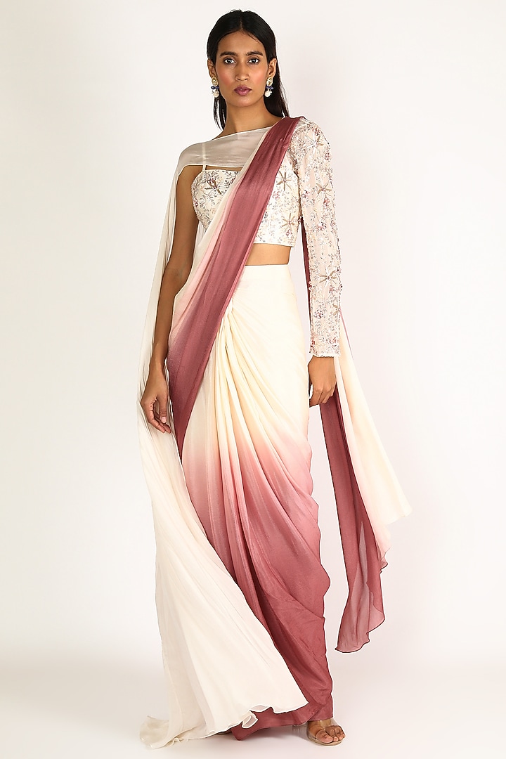Nude & Lilac Ombre Dupion Party Wear Saree Set by MASUMI MEWAWALLA at Pernia's Pop Up Shop
