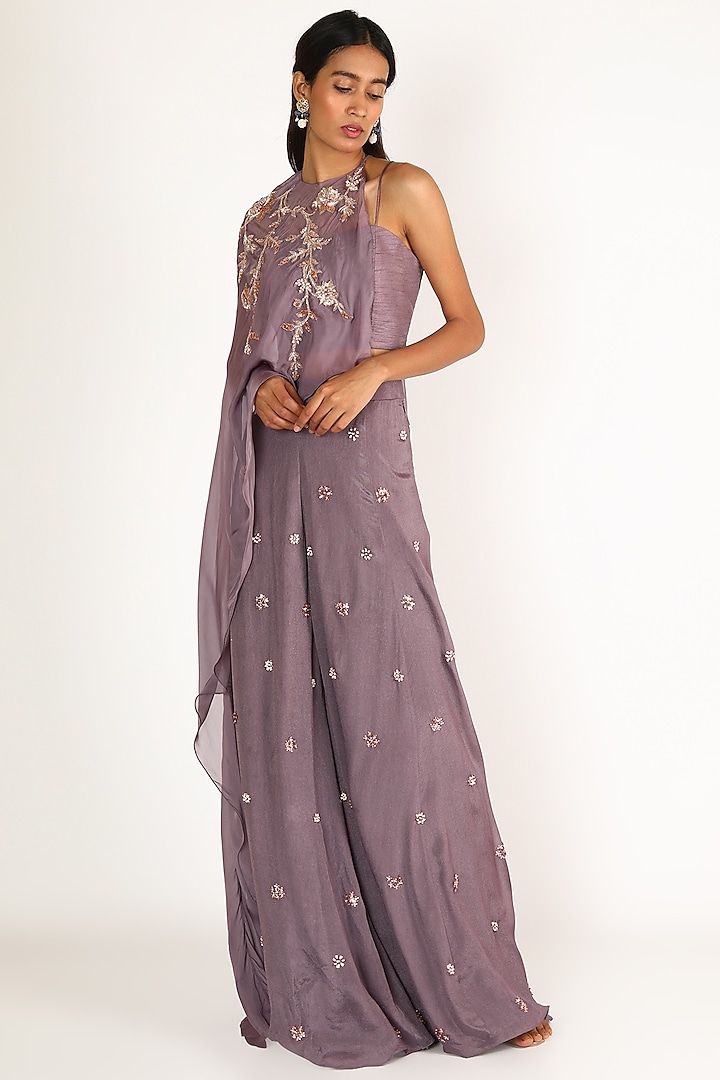 Mauve Embroidered Pant Set by MASUMI MEWAWALLA at Pernia's Pop Up Shop