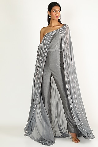 Grey Embroidered Cape Jumpsuit by MASUMI MEWAWALLA