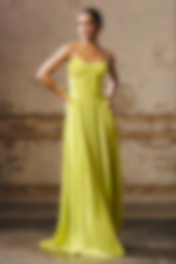 Neon Green Natural Crepe Hand Embroidered Corset Party Wear Gown by Masumi Mewawalla at Pernia's Pop Up Shop