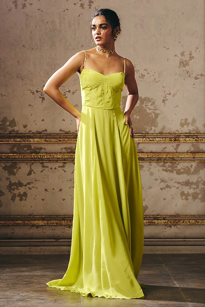 Neon Green Natural Crepe Hand Embroidered Corset Party Wear Gown by Masumi Mewawalla at Pernia's Pop Up Shop