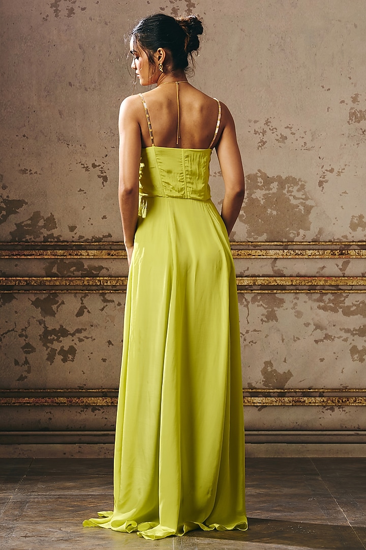Neon Green Natural Crepe Hand Embroidered Corset Party Wear Gown by Masumi Mewawalla at Pernia's Pop Up Shop