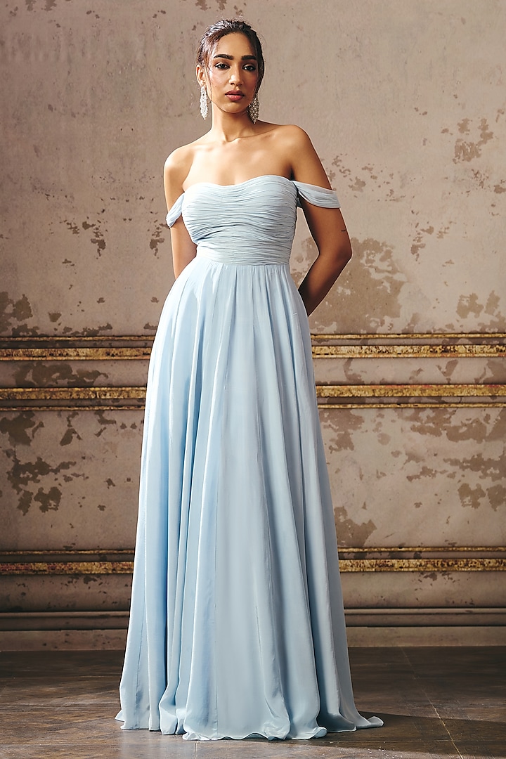 Powder Blue Natural Crepe Zari Hand Embroidered Ruched Party Wear Gown by Masumi Mewawalla at Pernia's Pop Up Shop