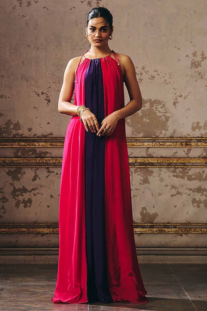 Hot Pink & Purple Natural Crepe Zari Hand Embroidered Trapeze Party Wear Gown by Masumi Mewawalla at Pernia's Pop Up Shop
