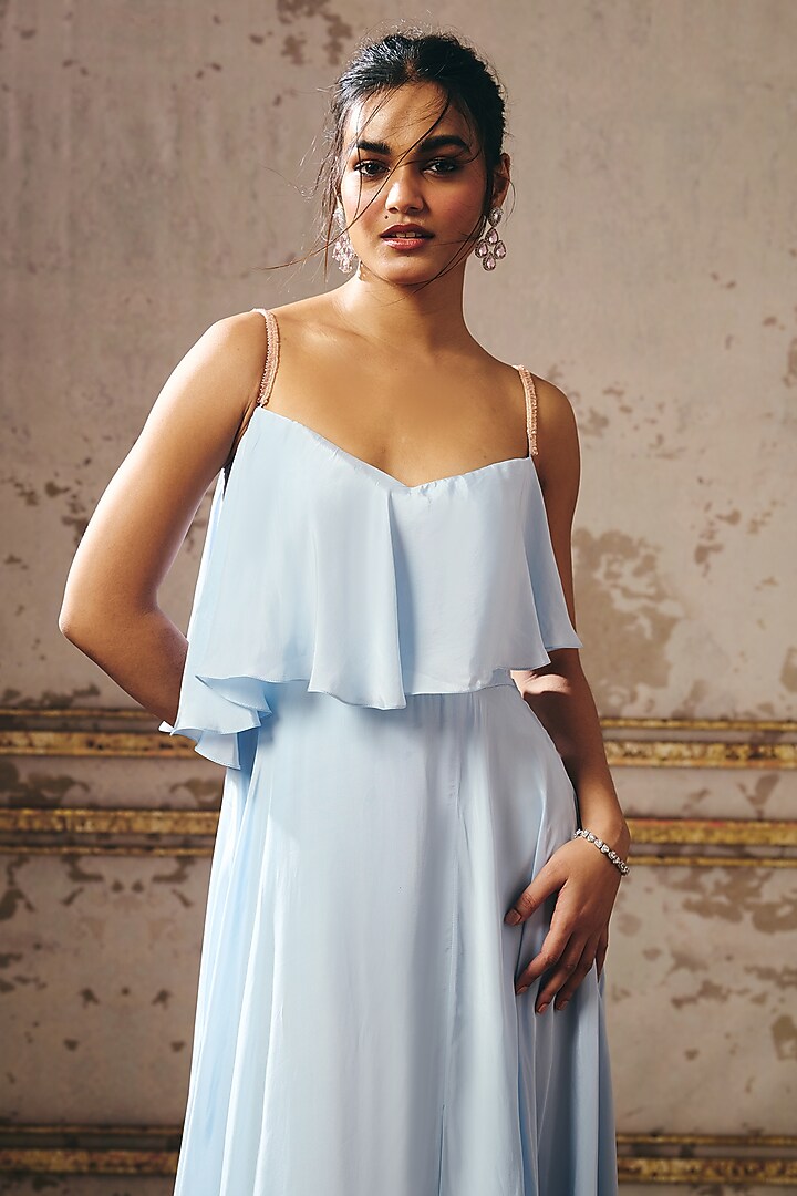 Powder Blue Natural Crepe Zari Hand Embroidered Layered Party Wear Gown by Masumi Mewawalla at Pernia's Pop Up Shop