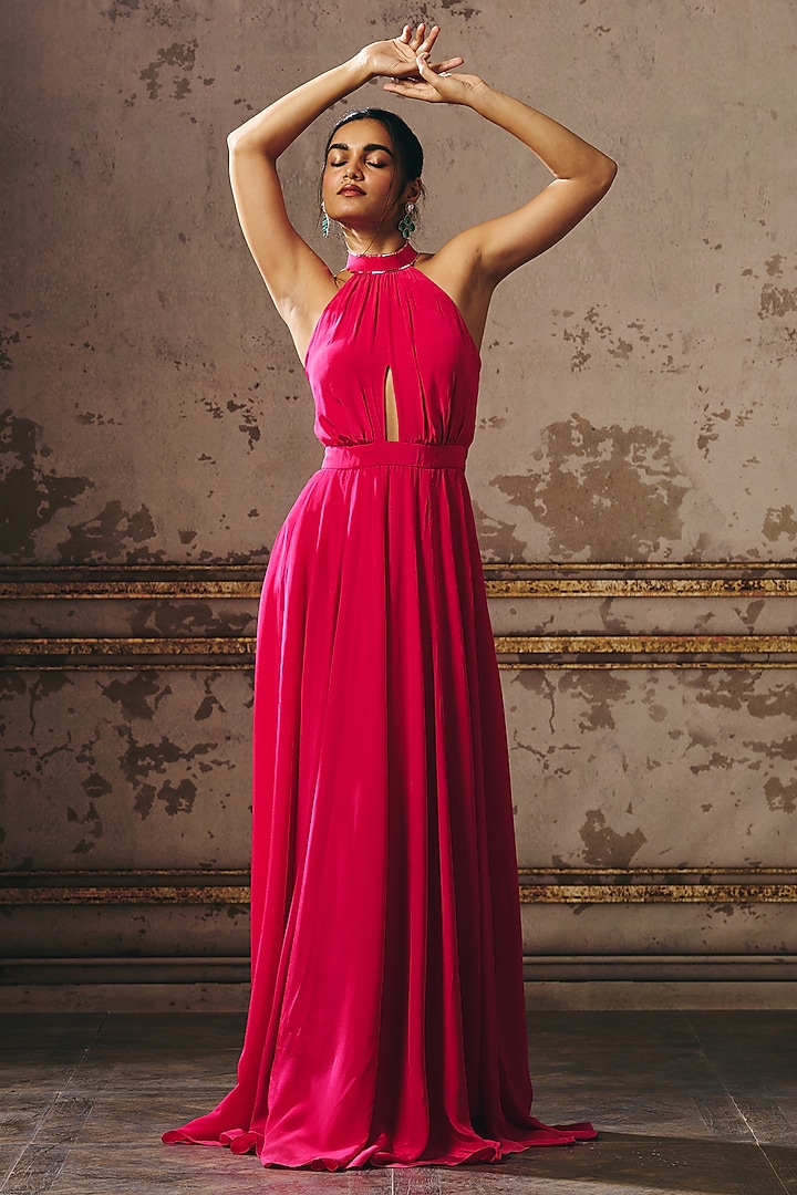 Hot Pink Natural Crepe Zari Hand Embroidered Halter Party Wear Gown by Masumi Mewawalla at Pernia's Pop Up Shop