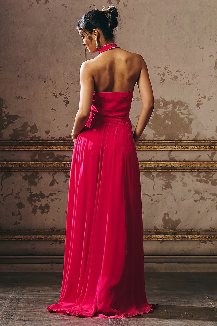 Hot Pink Natural Crepe Zari Hand Embroidered Halter Party Wear Gown by Masumi Mewawalla at Pernia's Pop Up Shop