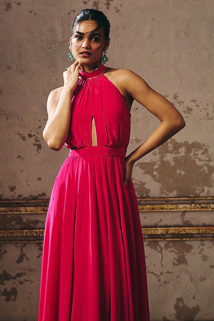 Hot Pink Natural Crepe Zari Hand Embroidered Halter Party Wear Gown by Masumi Mewawalla at Pernia's Pop Up Shop