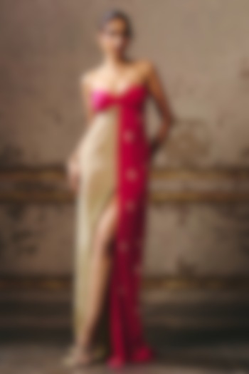 Hot Pink & Chikoo Brown Natural Crepe Zari Hand Embroidered Vacation Dress by Masumi Mewawalla at Pernia's Pop Up Shop