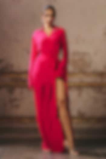 Hot Pink Natural Crepe Hand Embroidered Vacation Shirt Dress by Masumi Mewawalla at Pernia's Pop Up Shop