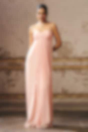 Peach Natural Crepe Zari Hand Embroidered Ruched Party Wear Gown by Masumi Mewawalla at Pernia's Pop Up Shop