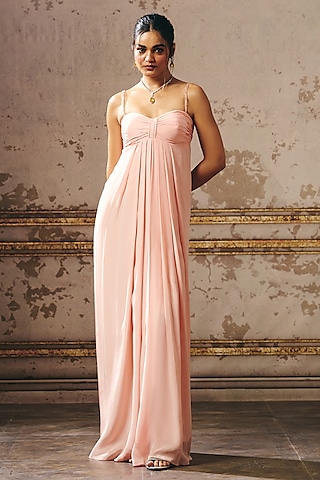 Peach Natural Crepe Zari Hand Embroidered Ruched Gown by Masumi Mewawalla