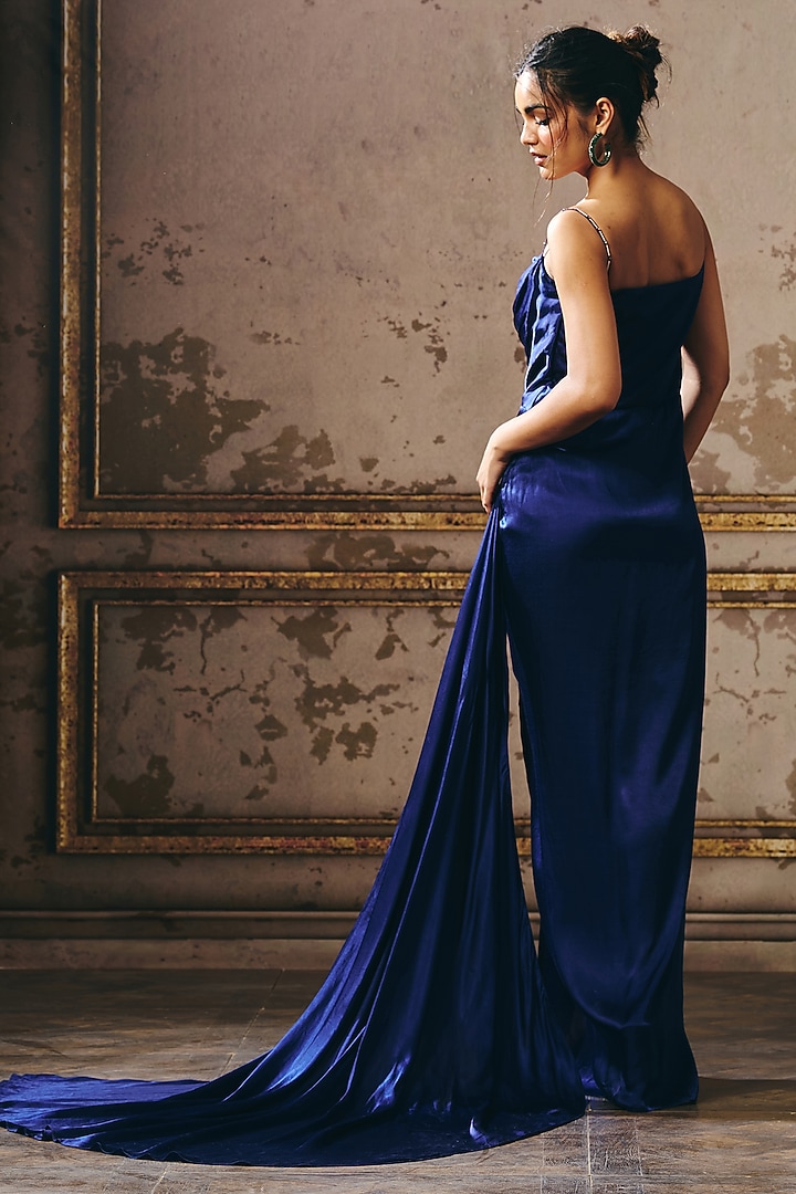 Navy Blue Natural Crepe Hand Embroidered Draped Party Wear Gown by Masumi Mewawalla at Pernia's Pop Up Shop
