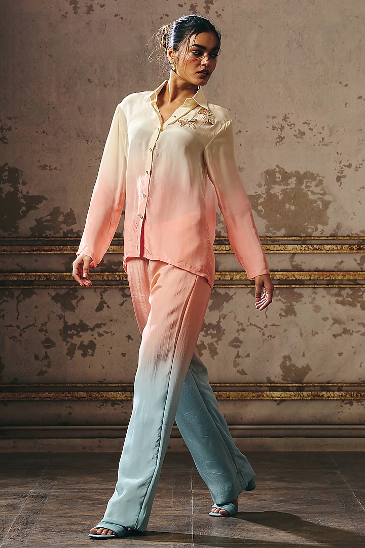 Peach & Blue Ombre Natural Crepe Co-Ord Set by Masumi Mewawalla at Pernia's Pop Up Shop