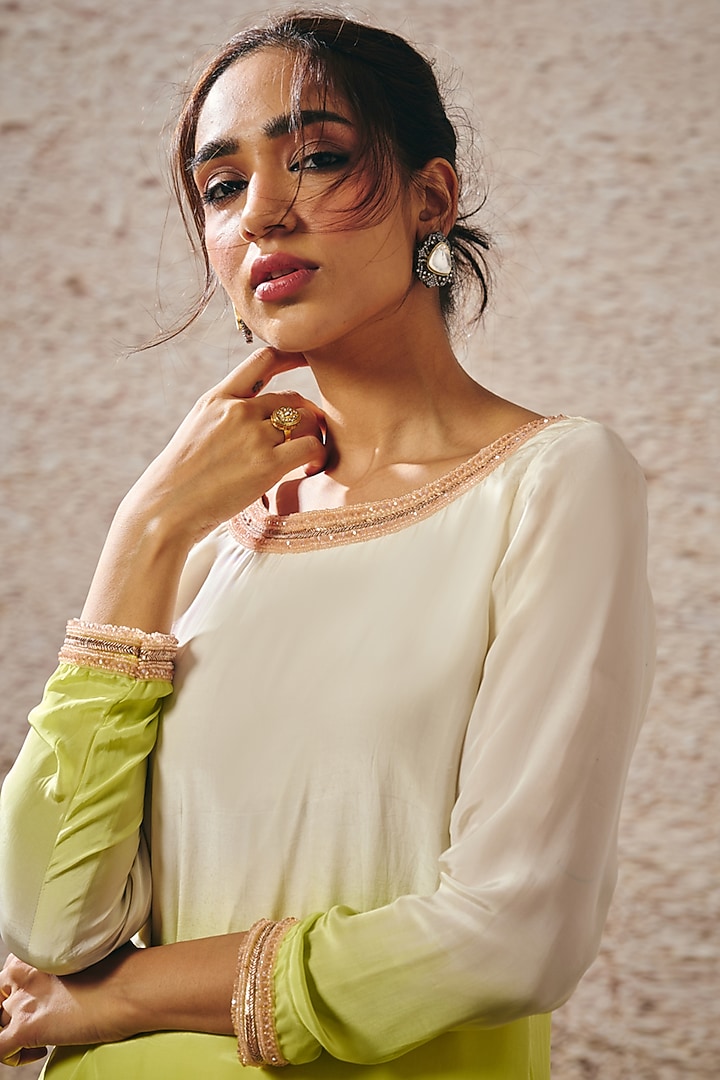 Beige & Dark Green Ombre Natural Crepe Kurta Set by Masumi Mewawalla at Pernia's Pop Up Shop
