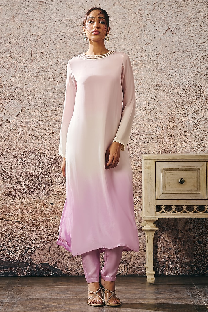 Baby Pink & Lilac Ombre Natural Crepe Kurta Set by Masumi Mewawalla at Pernia's Pop Up Shop