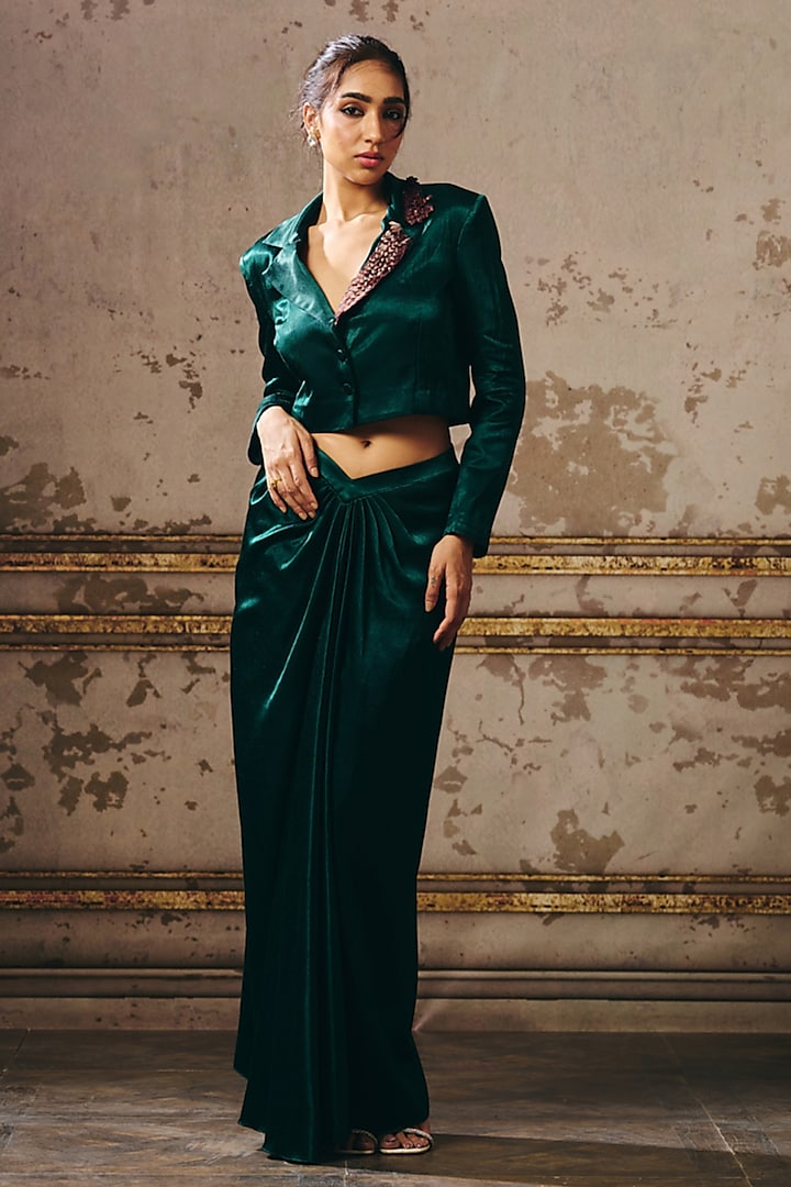 Dark Green Mashru Skirt Set by Masumi Mewawalla at Pernia's Pop Up Shop