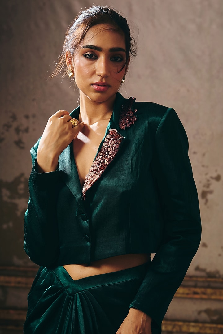 Dark Green Mashru Skirt Set by Masumi Mewawalla at Pernia's Pop Up Shop