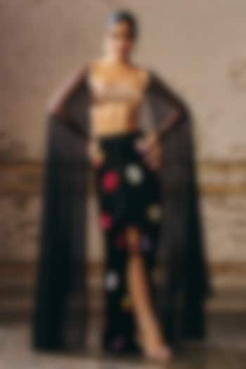 Black Gajji & Net Shibori Skirt Set by Masumi Mewawalla at Pernia's Pop Up Shop