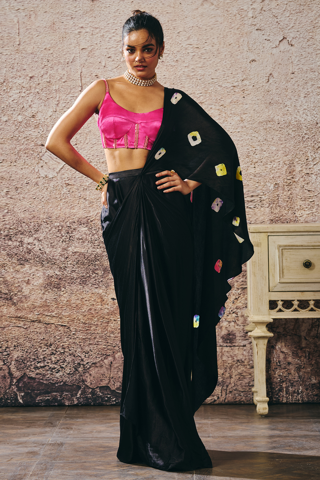 Black Mashru & Gajji Skirt Party Wear Saree Set by Masumi Mewawalla at Pernia's Pop Up Shop
