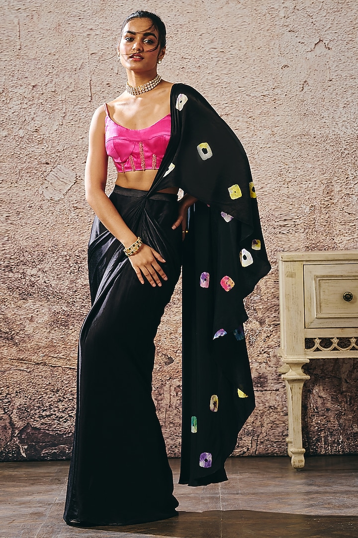 Black Mashru & Gajji Skirt Party Wear Saree Set by Masumi Mewawalla at Pernia's Pop Up Shop