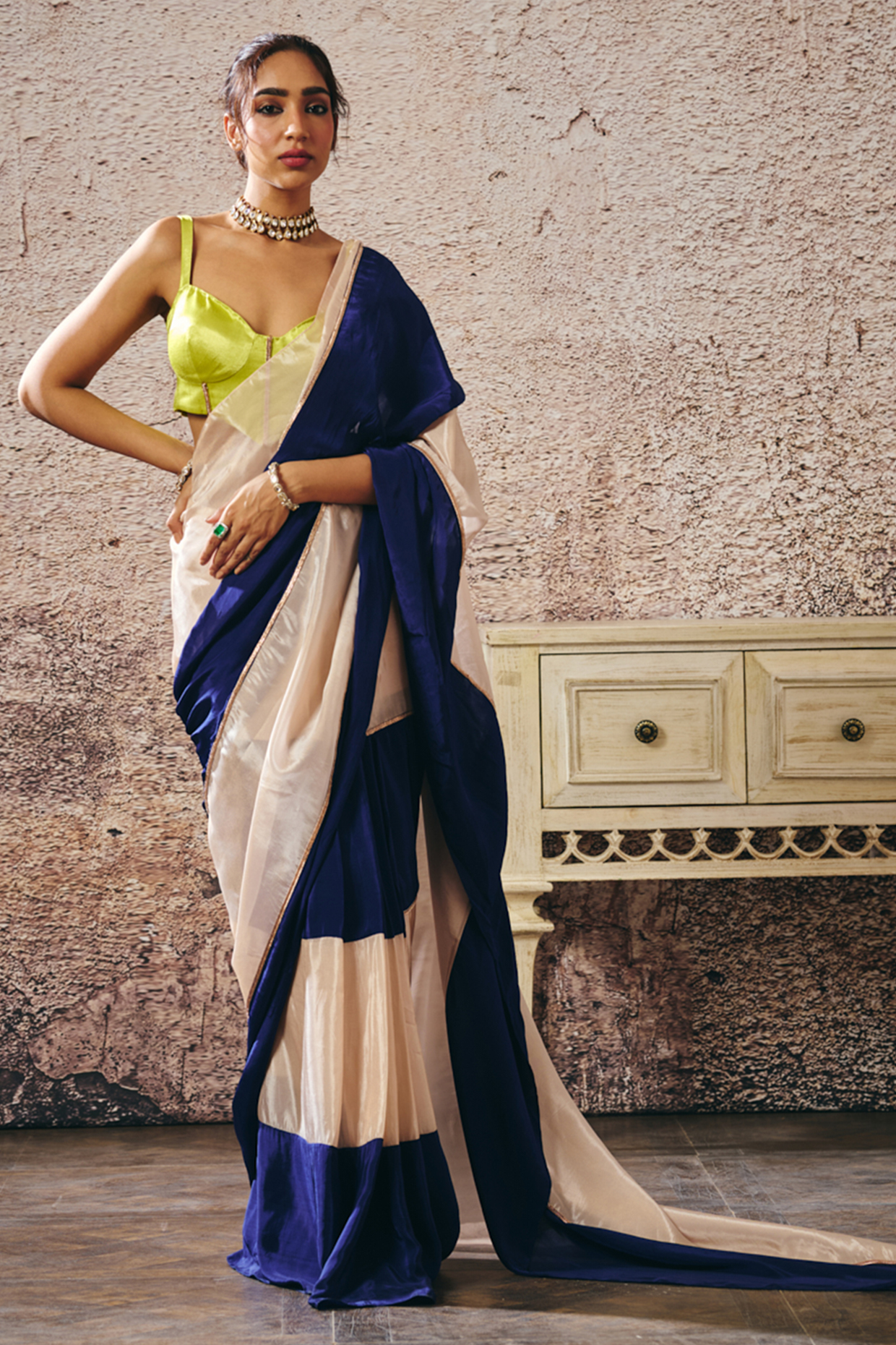 Blue & Beige Natural Crepe Color-Blocked Party Wear Saree Set by Masumi Mewawalla at Pernia's Pop Up Shop