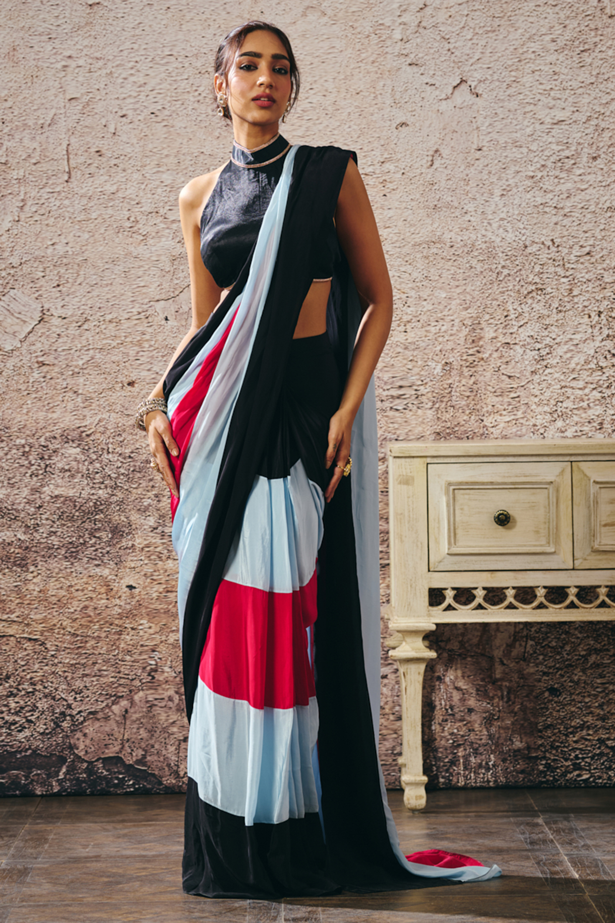 Multi-Colored Natural Crepe Color-Blocked Party Wear Saree Set by Masumi Mewawalla at Pernia's Pop Up Shop