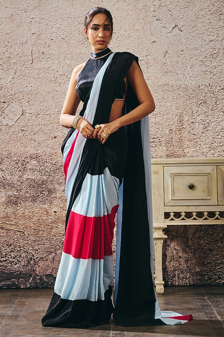 Multi-Colored Natural Crepe Color-Blocked Party Wear Saree Set by Masumi Mewawalla at Pernia's Pop Up Shop