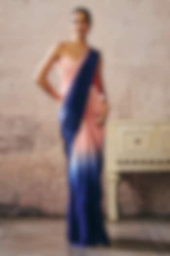 Peach & Navy Blue Ombre Natural Crepe Party Wear Saree Set by Masumi Mewawalla at Pernia's Pop Up Shop