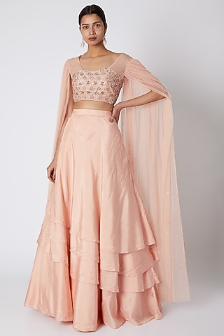 Peach Embroidered Draped Lehenga Set by MASUMI MEWAWALLA