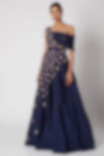 Navy Blue Embroidered Gown by MASUMI MEWAWALLA